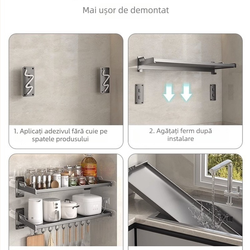 Raft de bucătărie montat pe perete, din metal, pentru cuptorul cu microunde, depozitare condimente și sticle de ulei, suport pentru farfurii