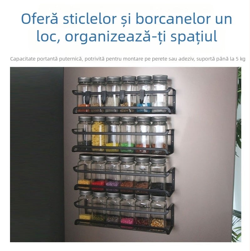 Raft de condimente montat pe perete, din fier, fără găurire, suport multi-etajat pentru sticle de condimente