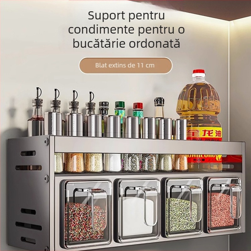 Raft pentru condimente montat pe perete, din aliaj de aluminiu, cu set de borcănele – fără găuri
