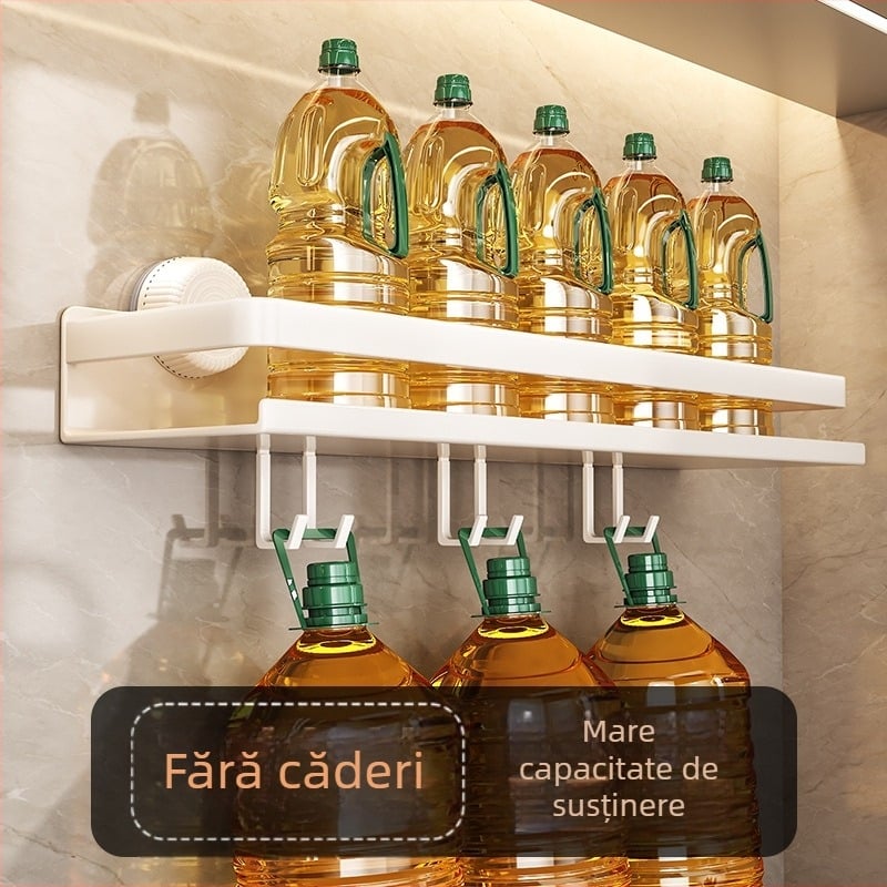 Raft de condimente montat pe perete, cu ventuză, fără găuri, organizator multifuncțional pentru sare și condimente, din oțel-carbon, alb sau gri, stil modern minimalist, cu cârlige