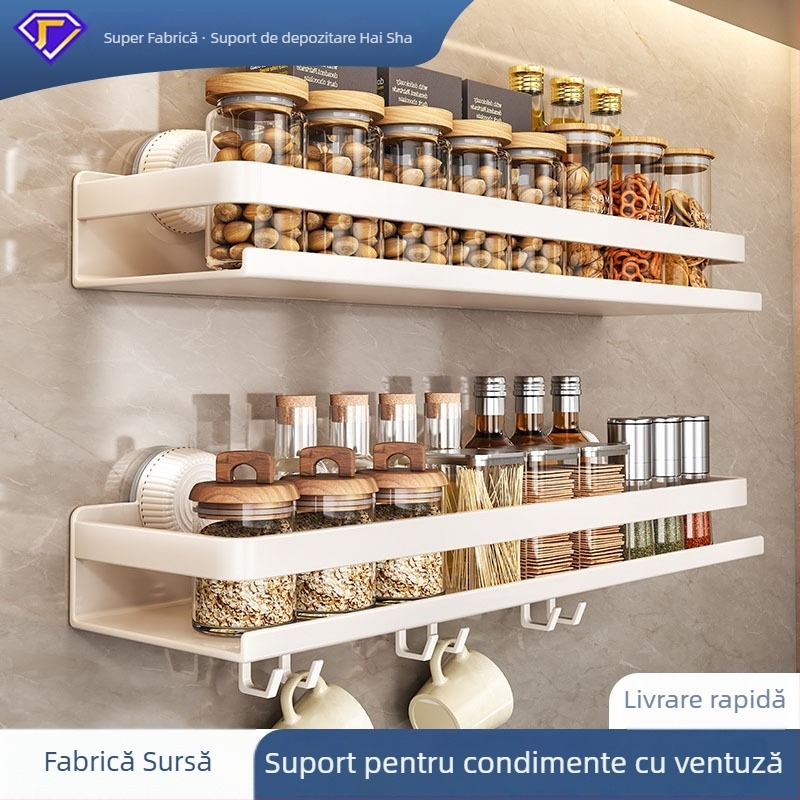 Raft de condimente montat pe perete, cu ventuză, fără găuri, organizator multifuncțional pentru sare și condimente, din oțel-carbon, alb sau gri, stil modern minimalist, cu cârlige