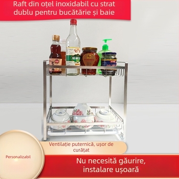 Raft dublu din oțel inoxidabil pentru bucătărie și baie, destinat recipientelor pentru condimente, farfurii și vase de servire