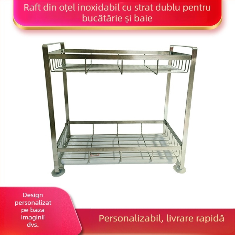Raft dublu din oțel inoxidabil pentru bucătărie și baie, destinat recipientelor pentru condimente, farfurii și vase de servire