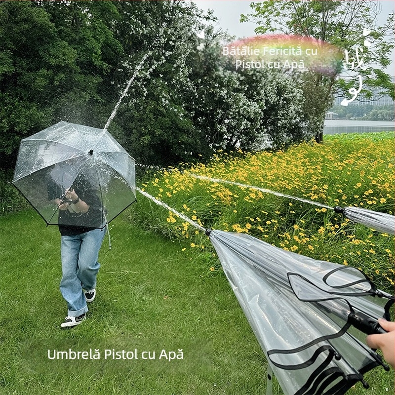 Umbrelă transparentă cu pistol de apă, sistem de pulverizare trasă, tijă dreaptă, mâner lung, jucărie pentru copii, presiune înaltă, rază lungă
