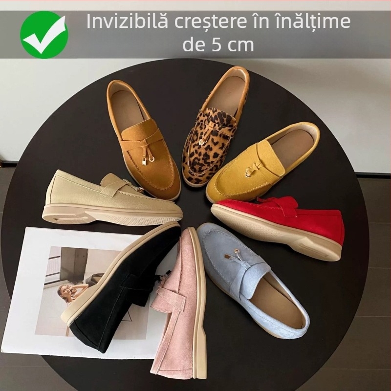 Loaferi din piele de oaie cu ciucuri și cataramă, toc ascuns, velur, slip-on, talpă moale, stil clasic