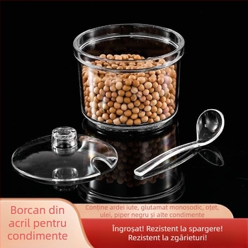 Borcan acrilic pentru condimente cu linguriță, recipient de bucătărie transparent cu capac