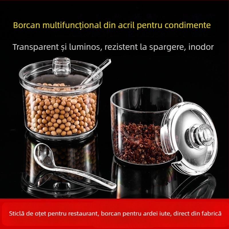 Borcan acrilic pentru condimente cu linguriță, recipient de bucătărie transparent cu capac