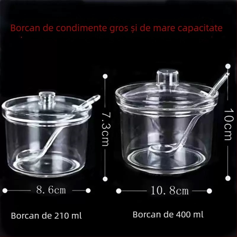 Borcan acrilic pentru condimente cu linguriță, recipient de bucătărie transparent cu capac