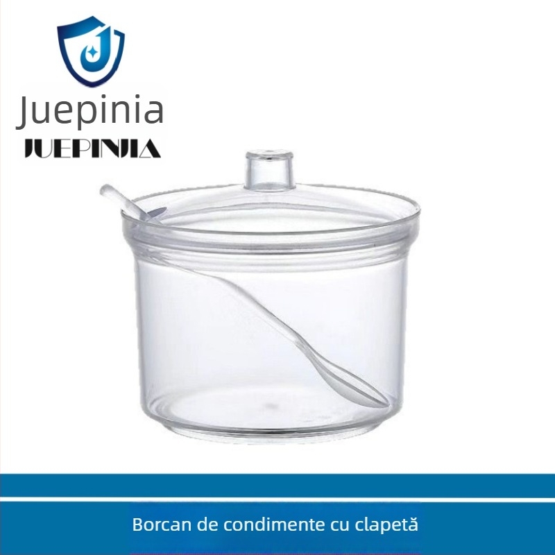Borcan acrilic pentru condimente cu linguriță, recipient de bucătărie transparent cu capac