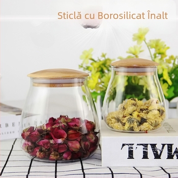 Recipient oval din sticlă borosilicat de înaltă rezistență, pentru ceai și cereale, cu capac din bambus sau lemn, pentru bucătărie