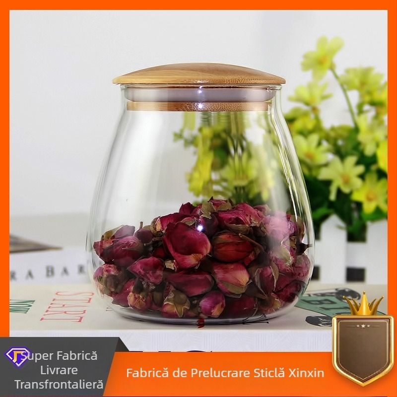 Recipient oval din sticlă borosilicat de înaltă rezistență, pentru ceai și cereale, cu capac din bambus sau lemn, pentru bucătărie