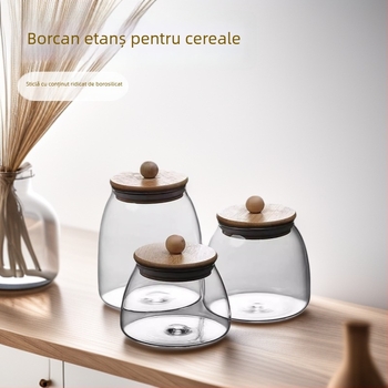 Recipient din sticlă rezistentă la căldură cu capac din bambus — recipient etanș pentru ceai, cereale, bomboane și fructe uscate