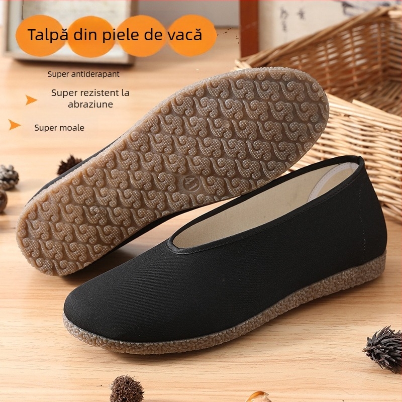 Pantofi din pânză negri pentru bărbați, talpă din cauciuc, slip-on, deschidere pătrată, stil Beijing vechi