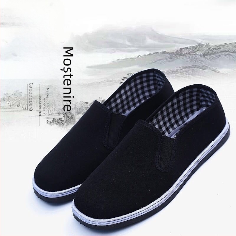 Pantofi de bărbați din pânză neagră, talpă groasă cu mai multe straturi, slip-on, talie joasă, respirabili
