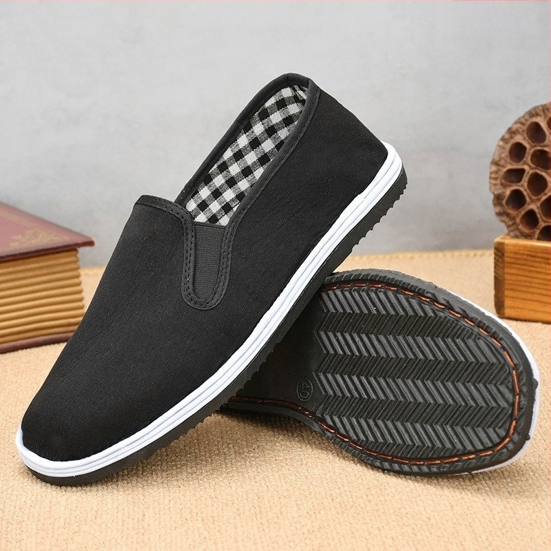 Pantofi de bărbați din pânză neagră, talpă groasă cu mai multe straturi, slip-on, talie joasă, respirabili