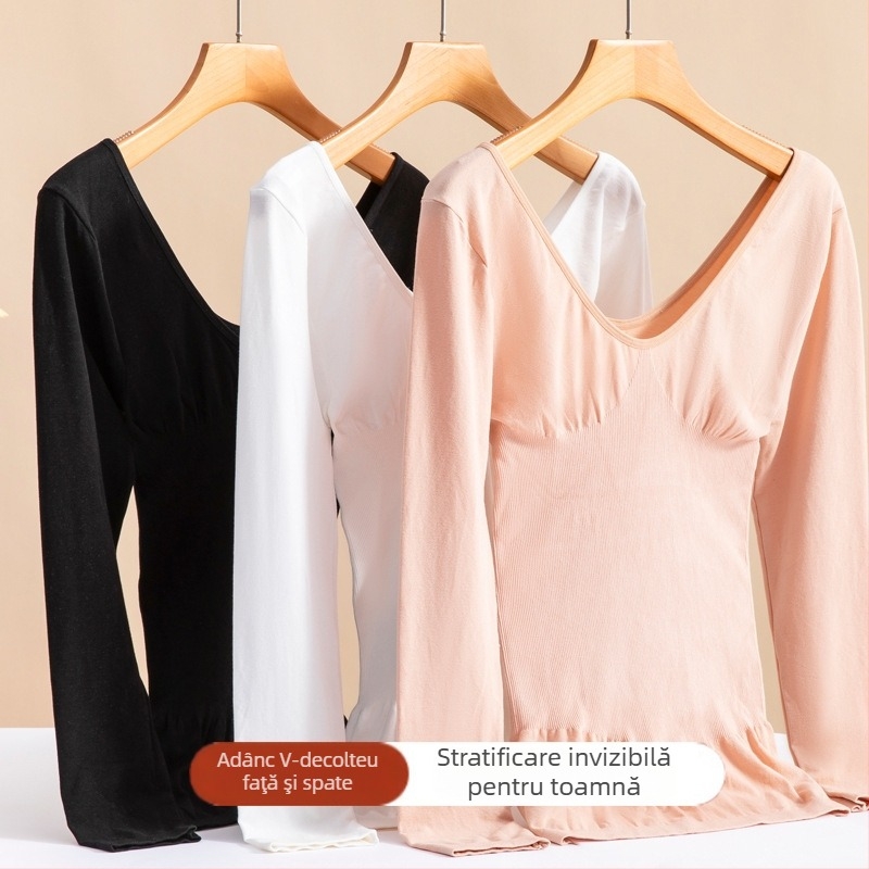 Tricou termic subțire pentru femei, cu decolteu în V, mâneci lungi, alb și nude, top de bază pentru iarnă