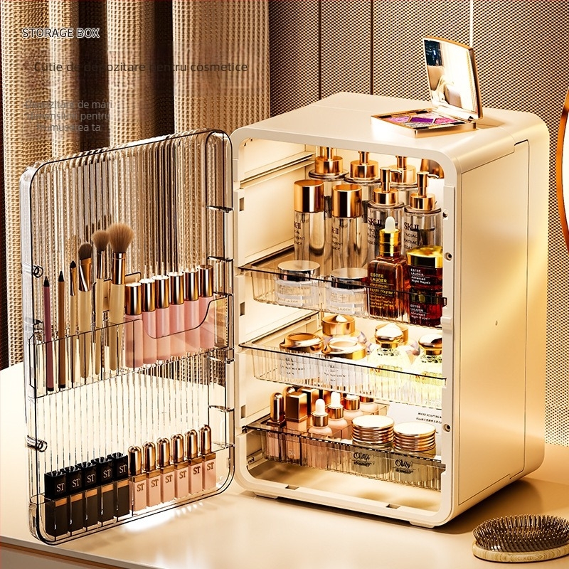 Organizator de cosmetice pentru birou, cu sertar mare, protecție împotriva prafului pentru machiaj și îngrijire a pielii