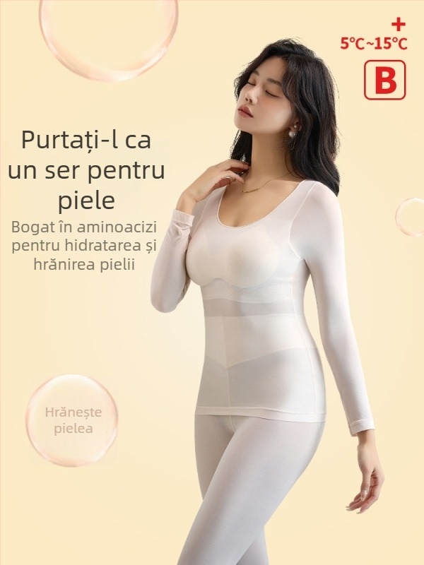 Set de lenjerie termică ultra-subțire cu top autoîncălzit, cupă integrată și pernă pentru bust, plus size pentru femei