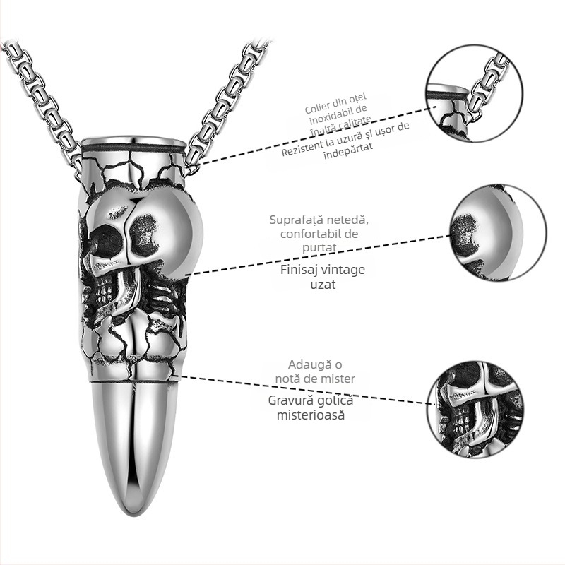 Pandantiv colier din oțel titan cu craniu de dragon și design în formă de glonț, accesoriu hip-hop masculin
