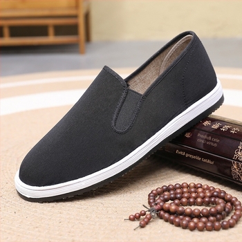 Pantofi din material textil pentru bărbați, respirabili, talpă cu mii de straturi, antiderapant, negri, vârf rotund, talpă joasă cu deschidere elastică