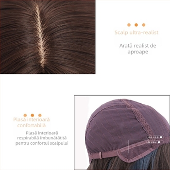 Perucă în stil bob, păr drept mediu-lung, breton tip perdea, fibre rezistente la căldură