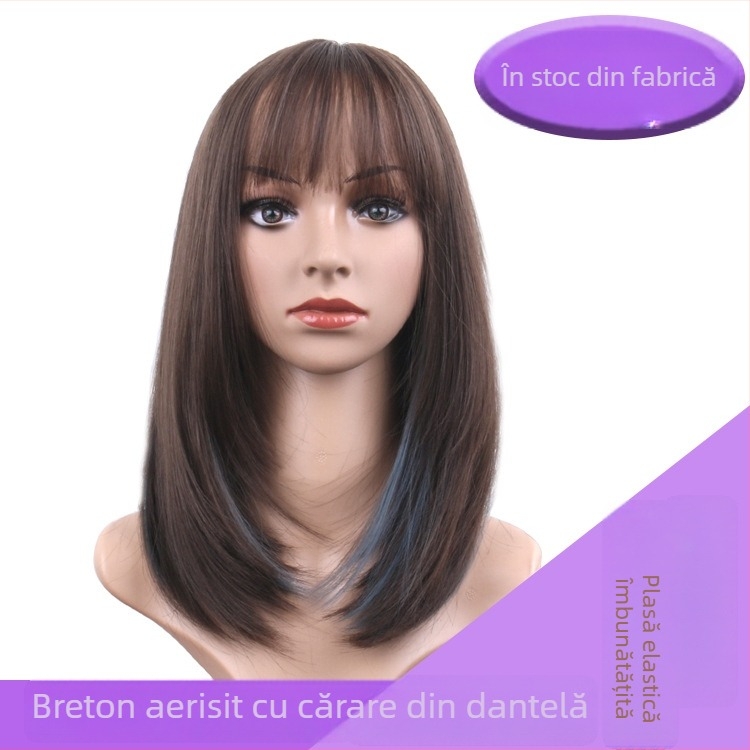 Perucă în stil bob, păr drept mediu-lung, breton tip perdea, fibre rezistente la căldură
