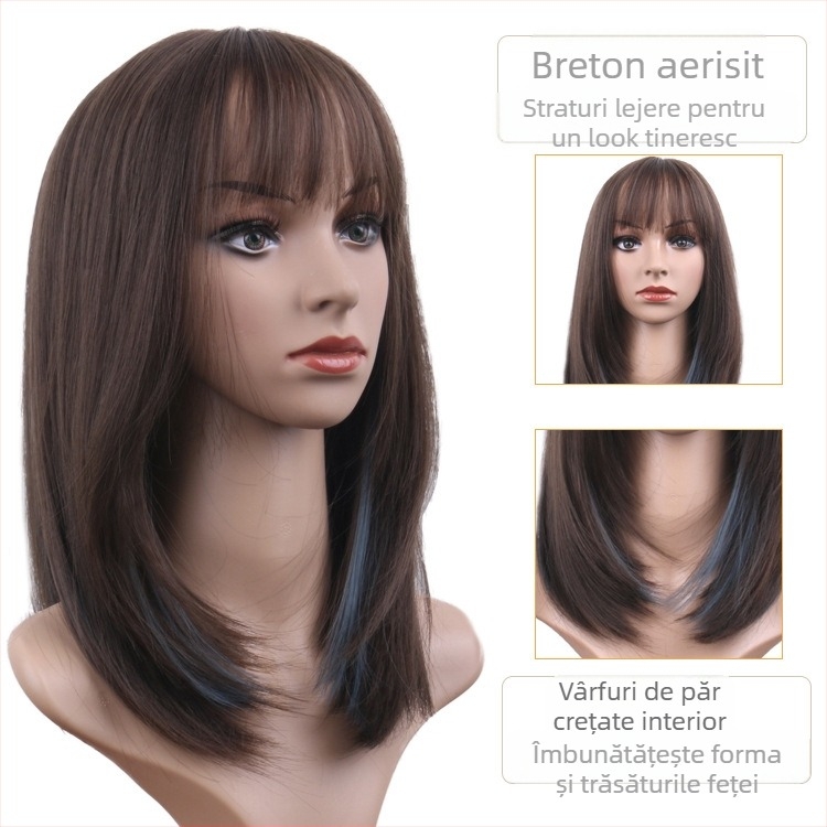 Perucă în stil bob, păr drept mediu-lung, breton tip perdea, fibre rezistente la căldură