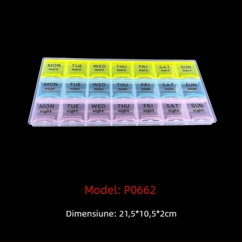 Cutie săptămânală de medicamente în stil european, cu 21 compartimente, 7 zile și 3 secțiuni (dimineață, prânz, seară)