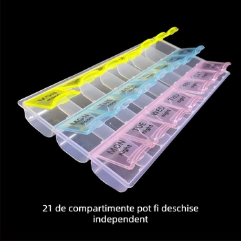 Cutie săptămânală de medicamente în stil european, cu 21 compartimente, 7 zile și 3 secțiuni (dimineață, prânz, seară)