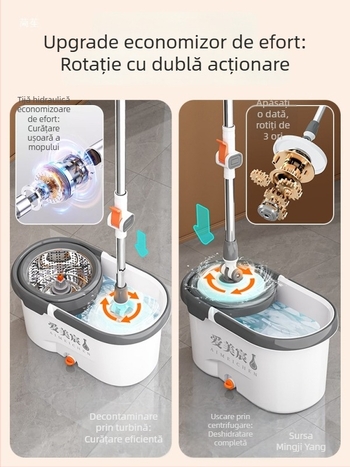 Mop de uz casnic cu găleată rotativă, pentru uscat și ud, model 2025