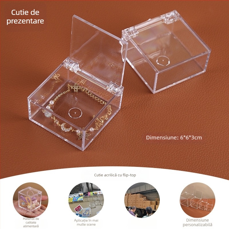 Cutie pătrată din acrilic transparent pentru depozitare și expunere bijuterii, 6x6x3 cm – Inima Africii