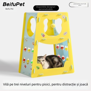 Cuib dublu pentru pisici cu tunel, placă de zgâriere și ramă de cățărare – jucărie de interior multifuncțională