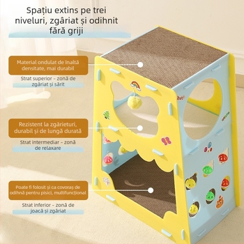 Cuib dublu pentru pisici cu tunel, placă de zgâriere și ramă de cățărare – jucărie de interior multifuncțională
