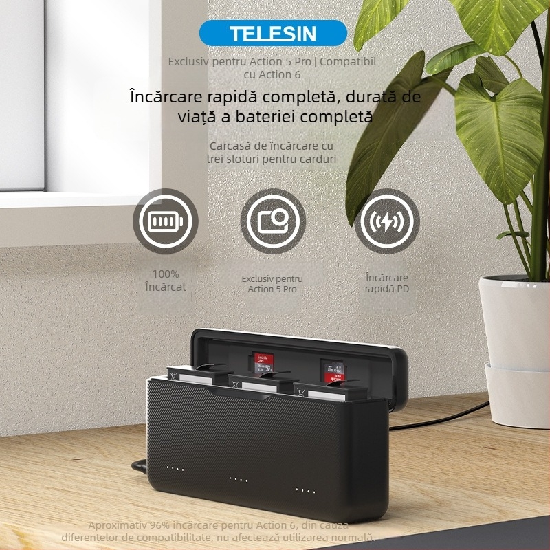 TELESIN Carcasă de încărcare rapidă pentru DJI Action 6, încărcător portabil și accesorii Action5Pro