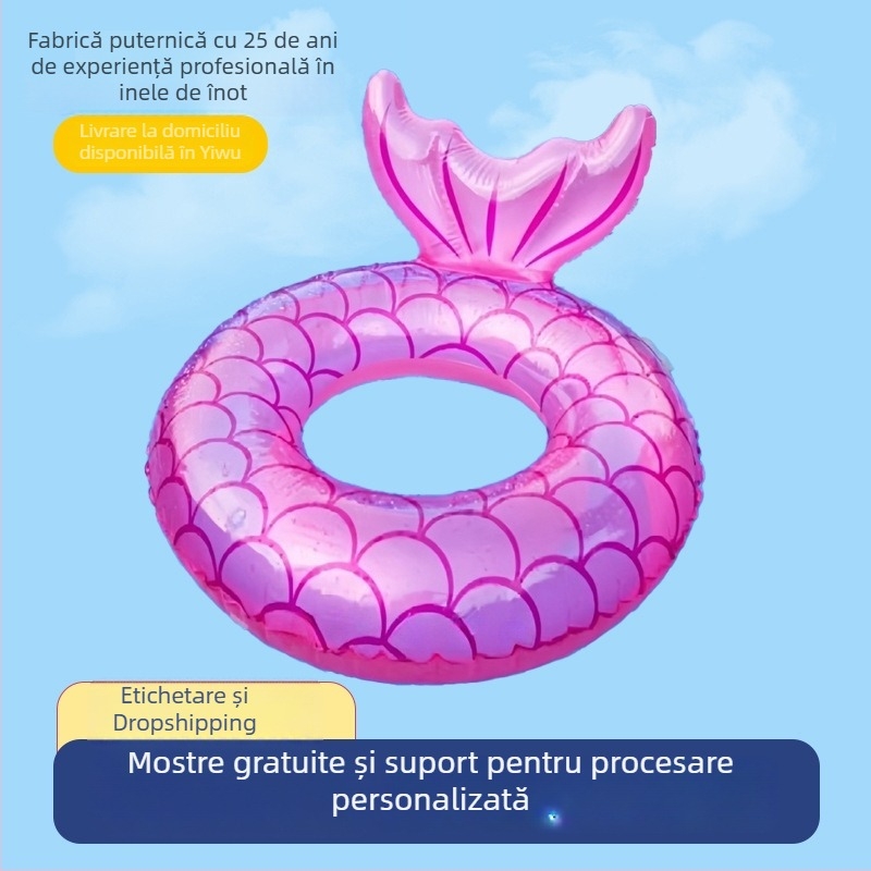 Inel de înot transparent cu coadă de pește pentru piscină, PVC ecologic, gros, anti-răsturnare, pentru copii