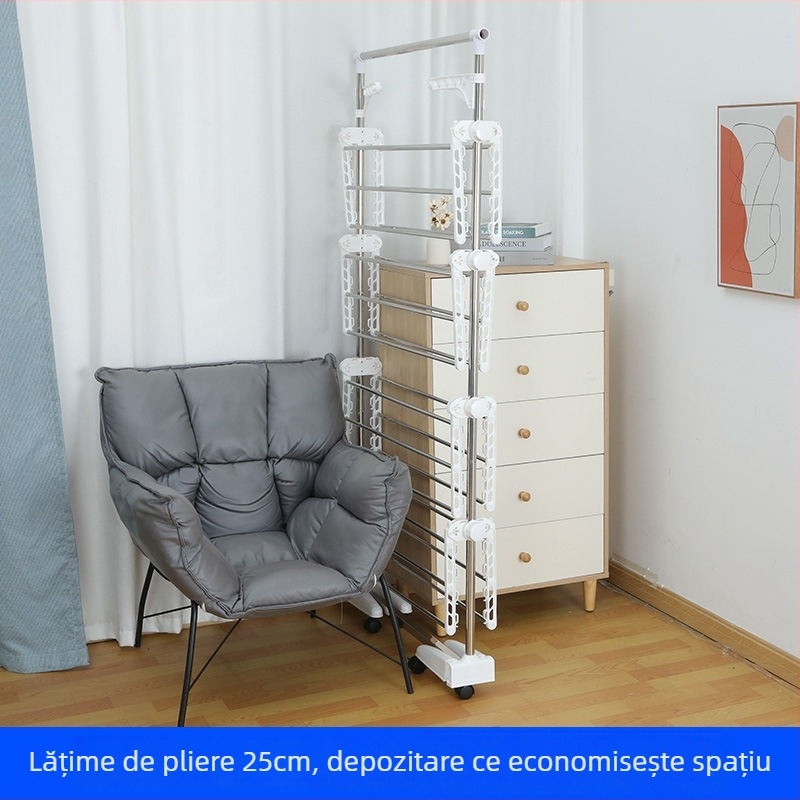Raft uscare haine din oțel inoxidabil, pe podea, mobil și pliabil, suport pentru prosoape și scutece de bebe