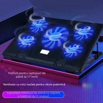 Suport de răcire pentru laptop cu cinci ventilatoare, bază reglabilă la mai multe unghiuri, flux de aer reglabil pentru jocuri