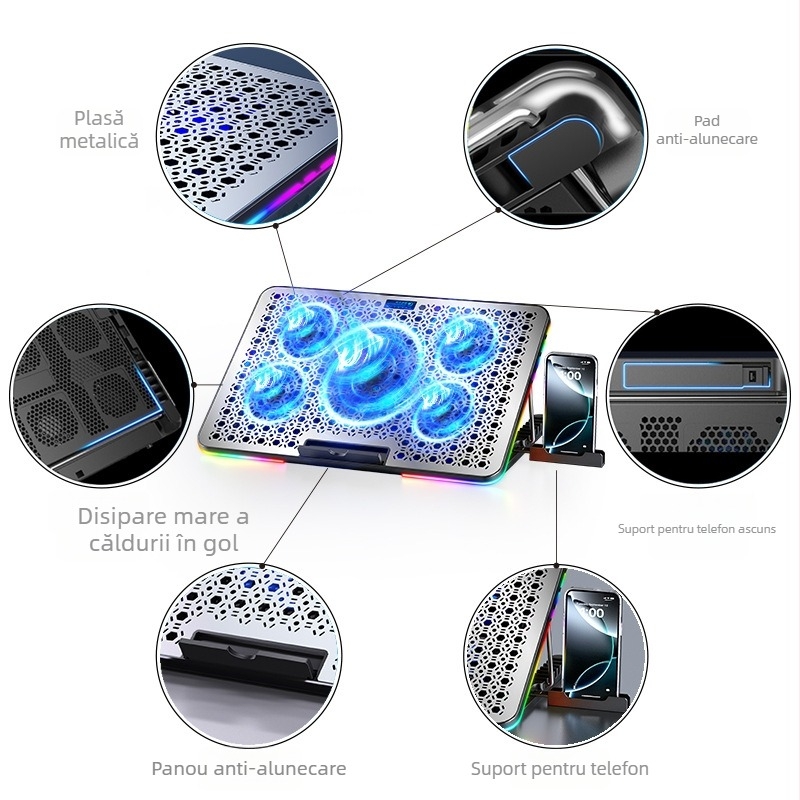 F5 PLUS cooler pentru laptop cu iluminare RGB, suprafață din plasă metalică, 5 ventilatoare, dimensiuni 360×255×27 mm