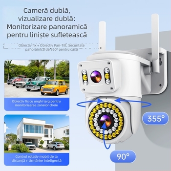 Cameră 4G 360° cu monitorizare wireless, cu ecran dublu, monitor HD pentru casă, vizualizare pe timp de noapte 360°