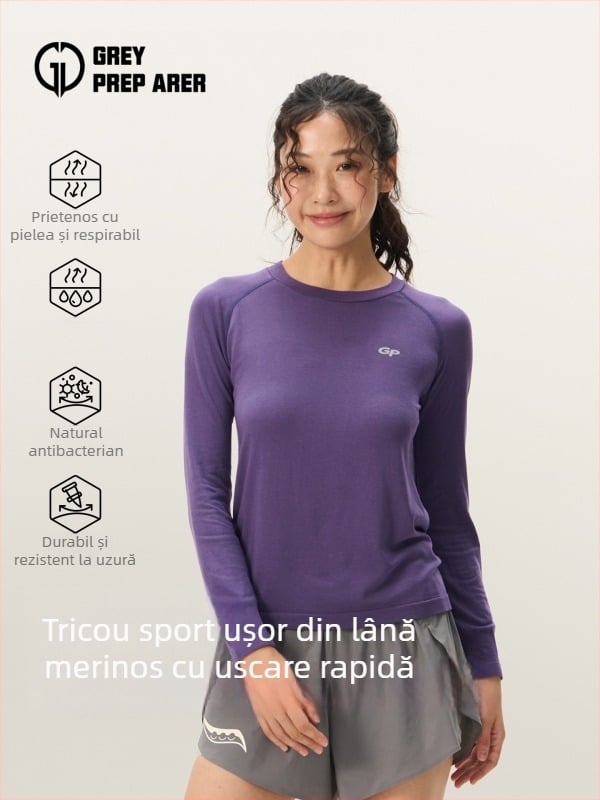 Gray Shell tricou damă cu mânecă lungă din Lyocell/Tencel, uscare rapidă, pentru sporturi în aer liber — drumeții, alergare, alpinism