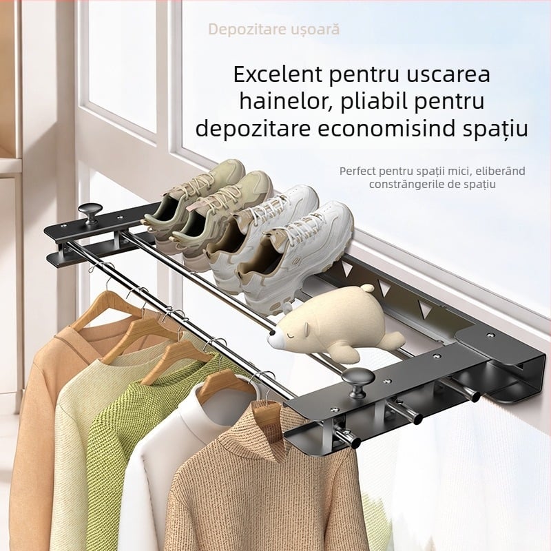 Uscător de haine pliabil, ascuns, cu bară retractabilă pentru balcon — uscător montat pe perete pentru pilote