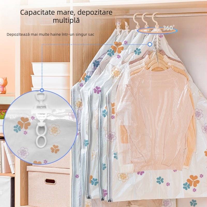 Sac vacuum în formă de trifoi, pentru paltoane, jachete și pulovere; se sigilează în garderobă.