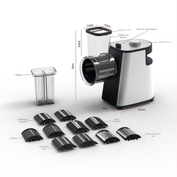 Tocator electric multifuncțional pentru legume: feliere de cartofi, răzuire de morcovi și răzuire fină pentru bucătărie de acasă.
