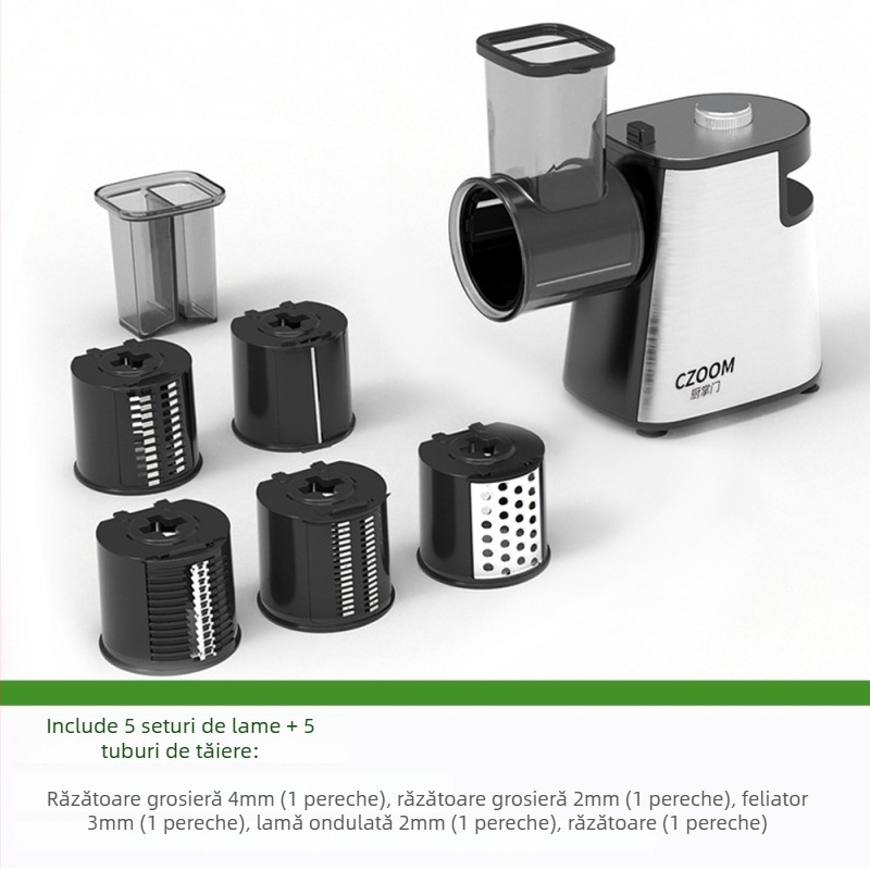 Tocator electric multifuncțional pentru legume: feliere de cartofi, răzuire de morcovi și răzuire fină pentru bucătărie de acasă.
