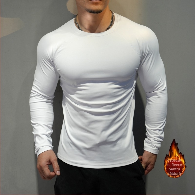 Top de fitness pentru bărbați, căptușit cu fleece, mâneci lungi, respirabil, absorbant de transpirație, croială slim