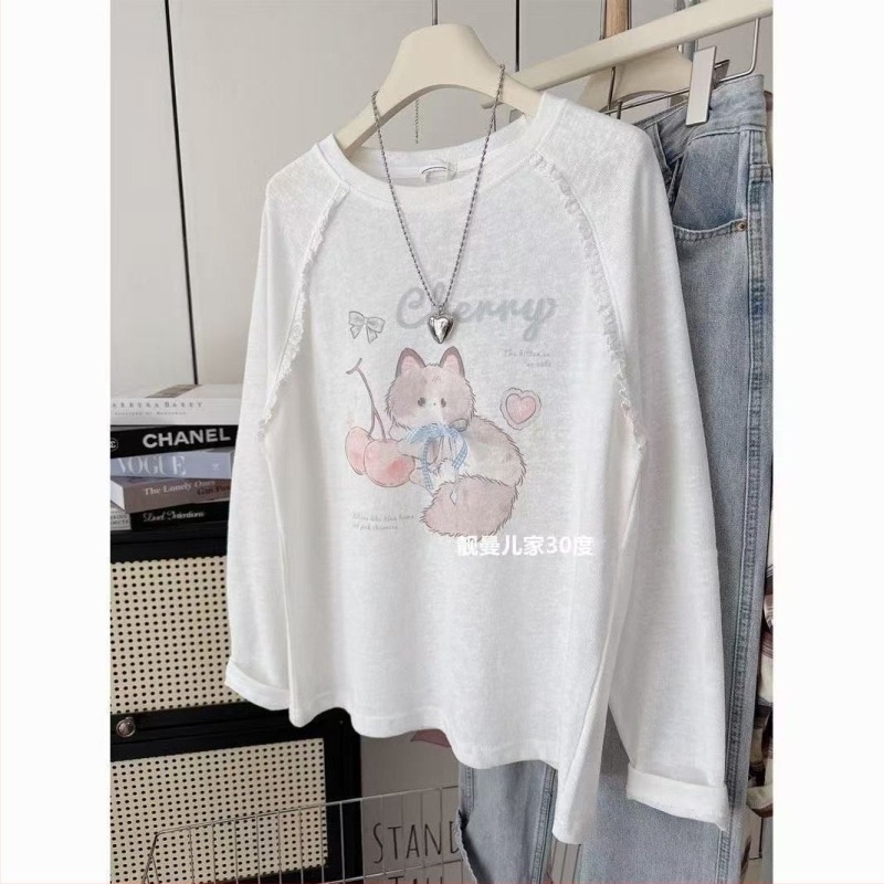 Top pentru femei plus size, stil coreean, toamnă-iarnă, imprimeu pisicuță cu cireșe, moale și confortabil, croială lejeră, mânecă lungă