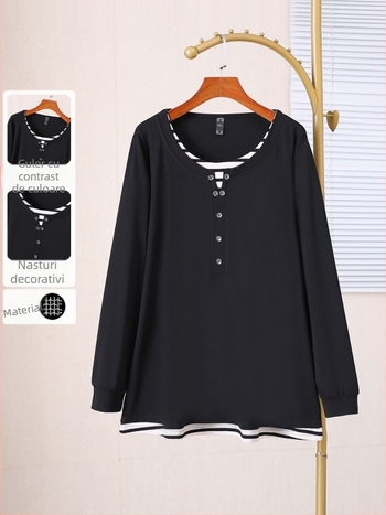 Tricou damă plus size cu design color-block pentru primăvară-toamnă, croială lejeră, evidențiază silueta, 66002T