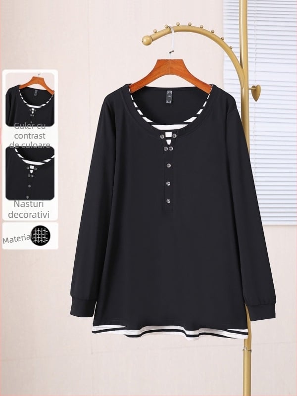 Tricou damă plus size cu design color-block pentru primăvară-toamnă, croială lejeră, evidențiază silueta, 66002T