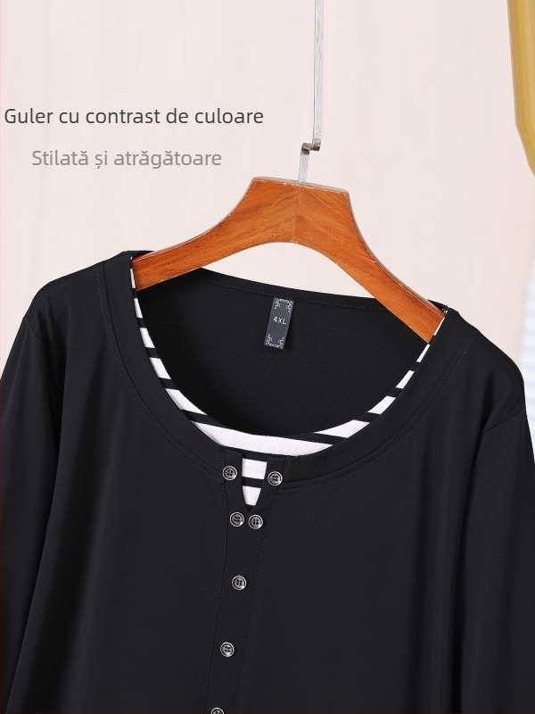 Tricou damă plus size cu design color-block pentru primăvară-toamnă, croială lejeră, evidențiază silueta, 66002T