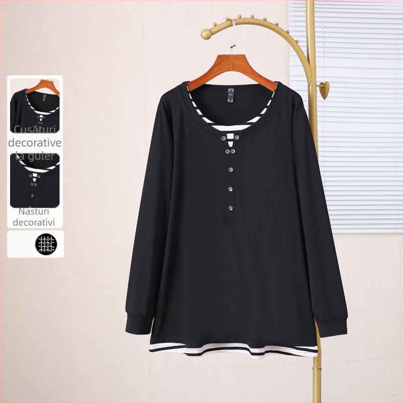 Tricou damă plus size cu design color-block pentru primăvară-toamnă, croială lejeră, evidențiază silueta, 66002T